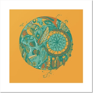 Mountain Green Skull and Dreamcatcher Circle Posters and Art